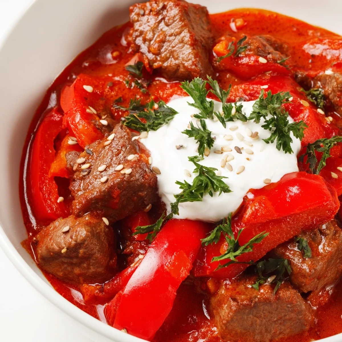 Steaming rich beef goulash with tender bell peppers ladled over buttered egg noodles.