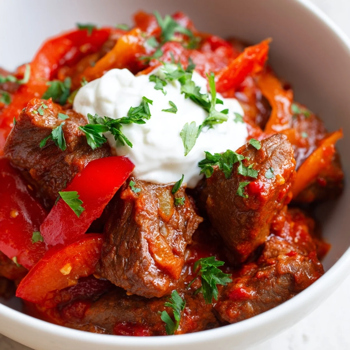 Chunky beef goulash simmered in paprika sauce, garnished with sour cream and parsley.