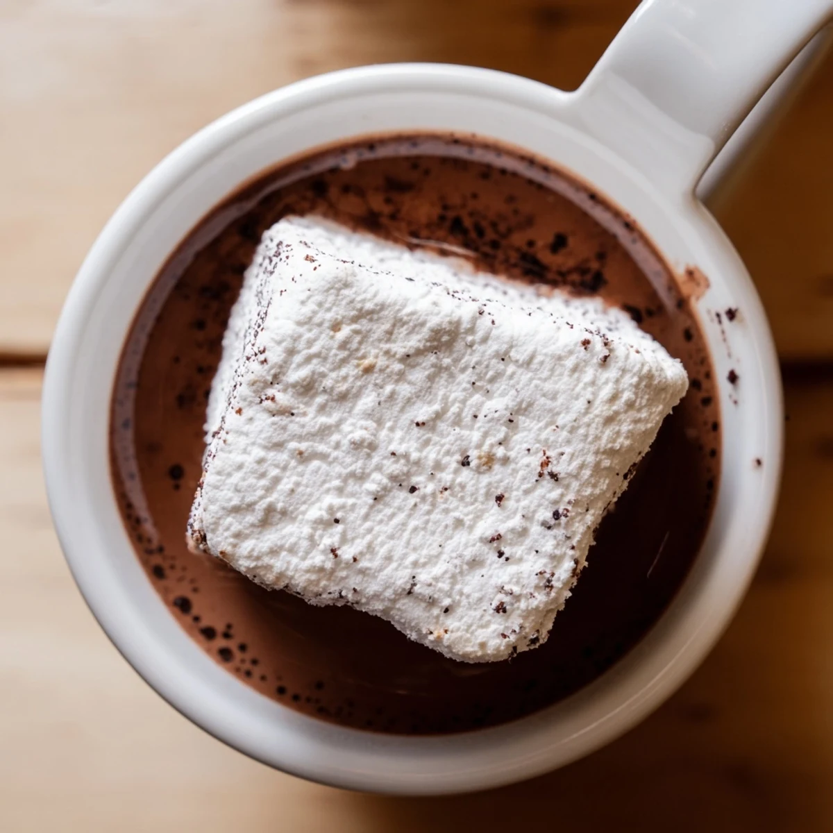 Fluffy Vanilla Bean Marshmallow Floaters rest atop steaming, rich hot chocolate topped with whipped cream.