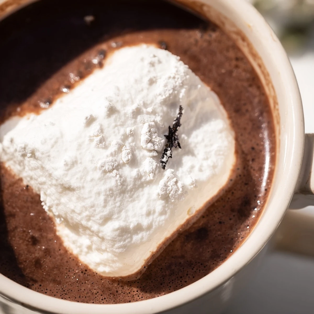 A close-up of Fluffy Vanilla Bean Marshmallow Floaters dusted with powdered sugar on rich hot cocoa.