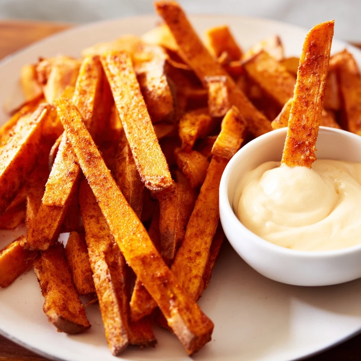 Golden Baked Sweet Potato Fries with Garlic Aioli piled high on a rustic plate, showing crispy edges and fluffy orange centers for dipping.