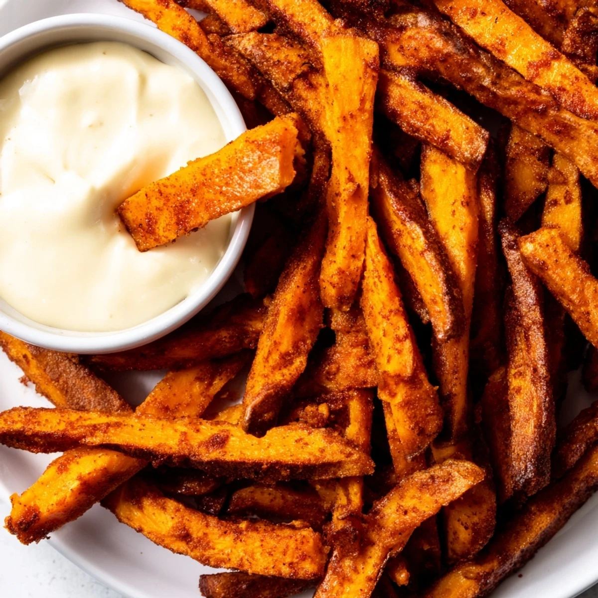 Freshly baked sweet potato fries served with creamy garlic aioli, garnished with parsley and sea salt, perfect as a side dish or snack.