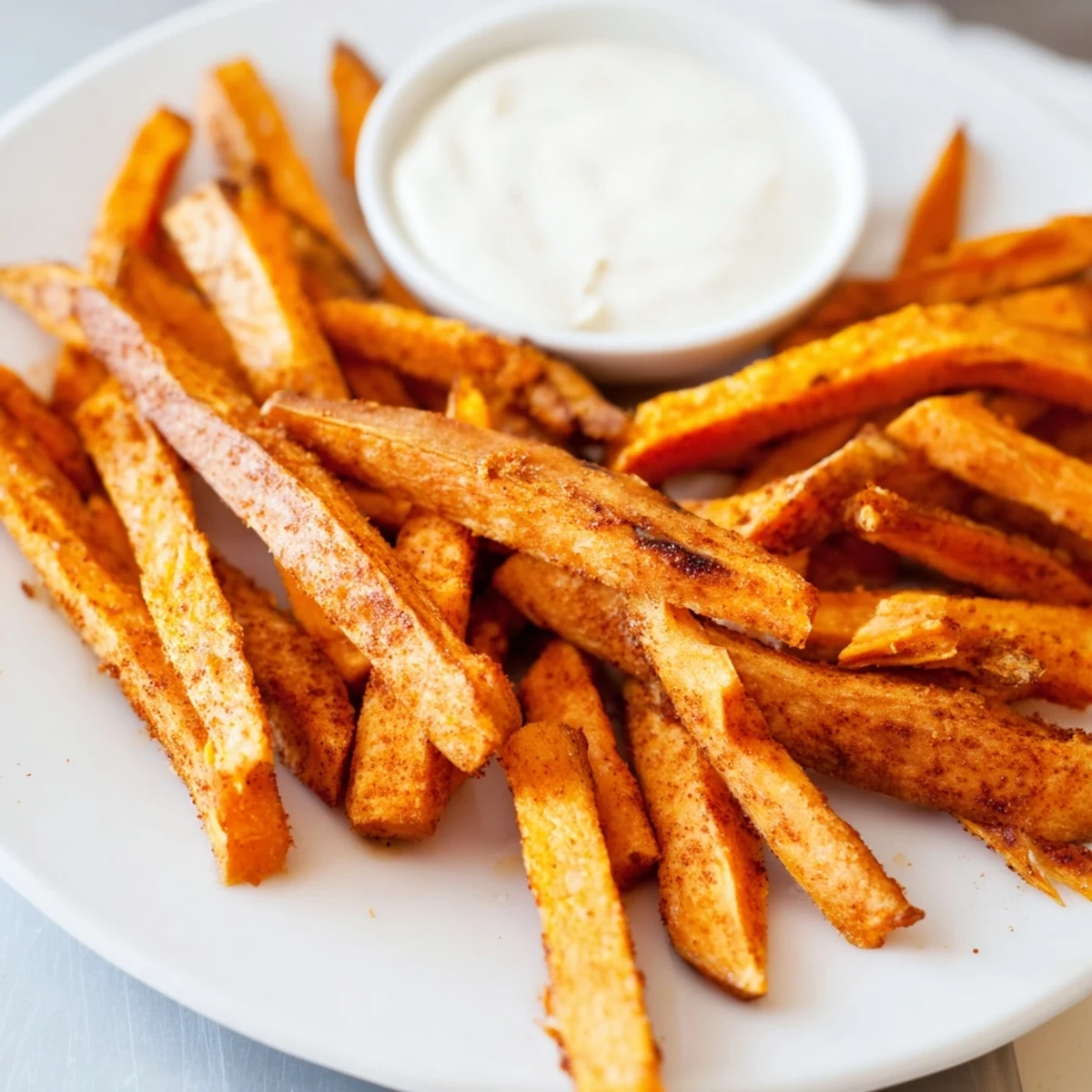 Oven-baked sweet potato fries with garlic aioli dip, arranged on a wooden board with lemon wedges and paprika seasoning for a savory bite.