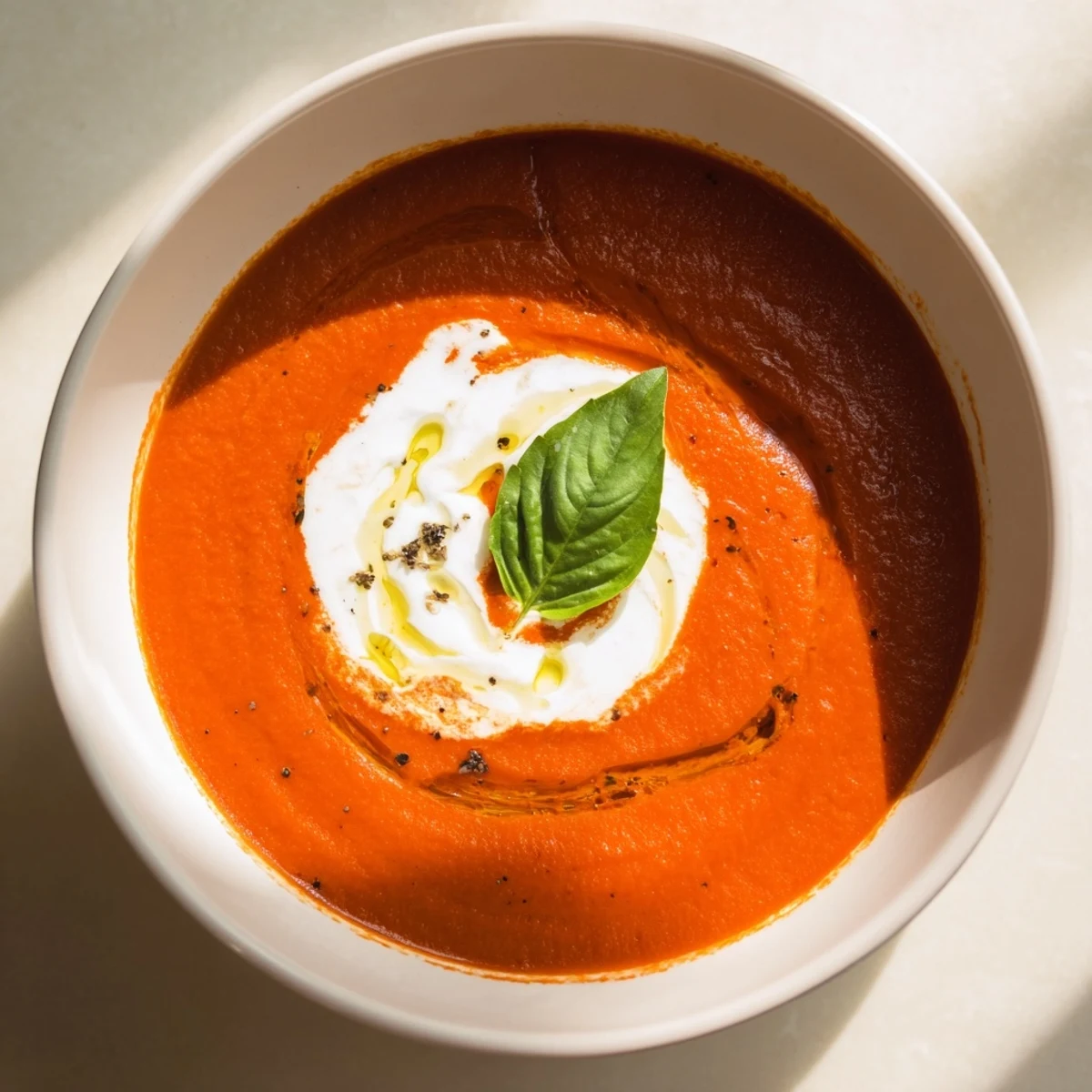 Steaming bowl of Creamy Tomato and Roasted Garlic Bisque, garnished with fresh basil and a swirl of cream.