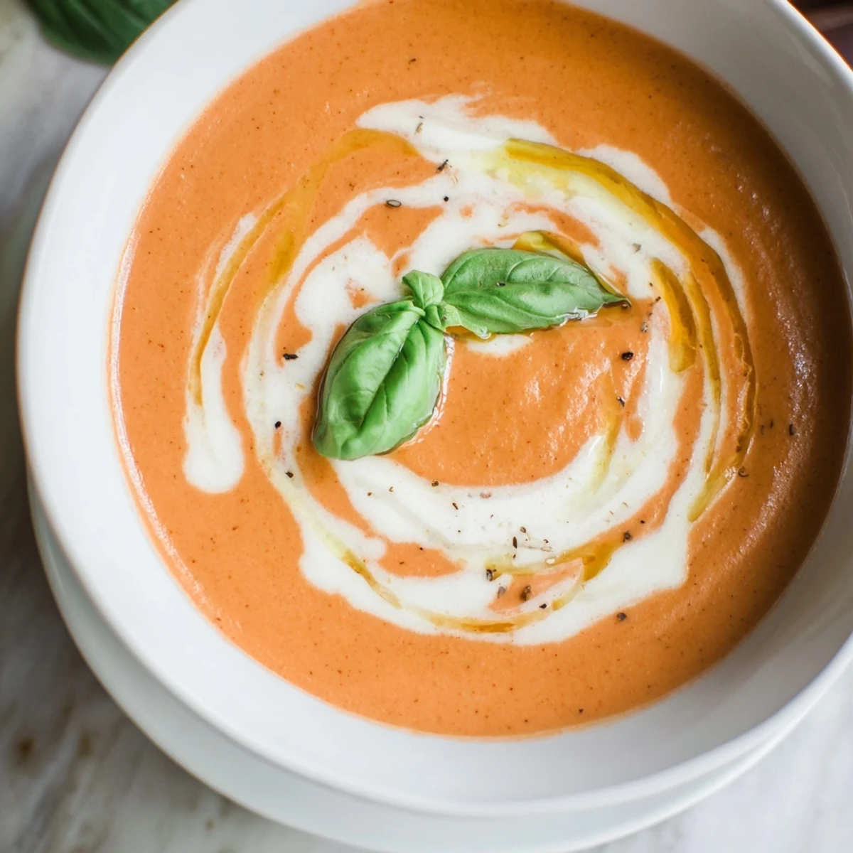 Homemade Creamy Tomato and Roasted Garlic Bisque served in a rustic bowl with crusty bread for dipping.