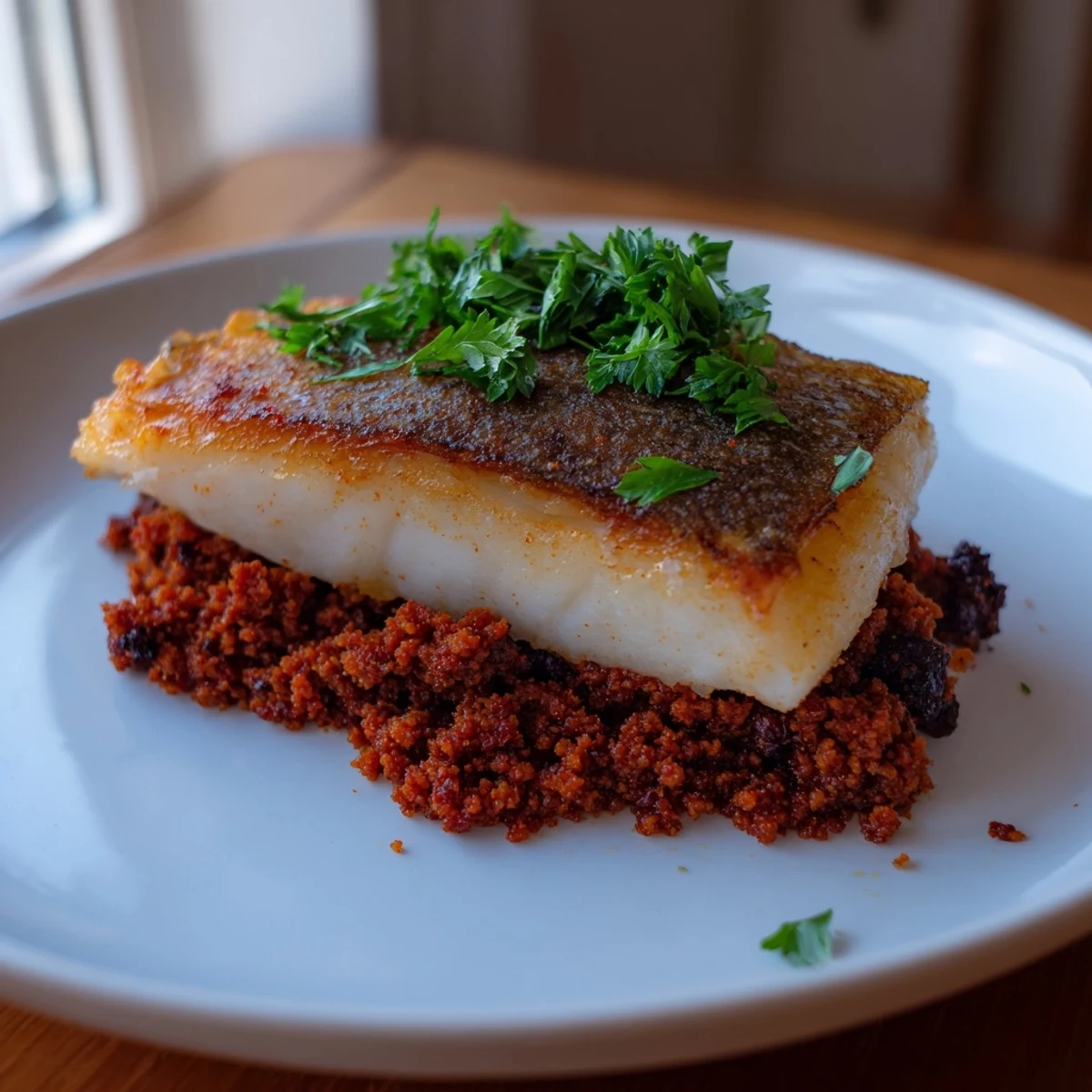 Crispy Skin Hake fillet sits atop smoky chorizo-style beef crumb, garnished with fresh parsley and lemon wedges for a bright finish.