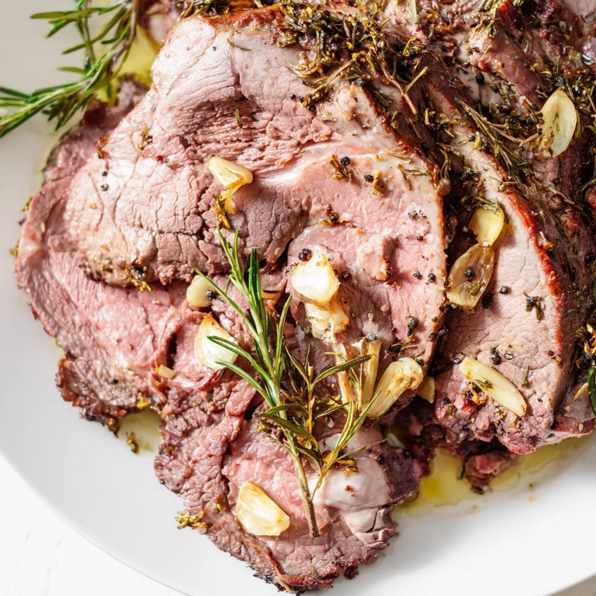 A glistening golden-brown Slow Roasted Leg of Lamb with Garlic and Lemon on a rustic platter surrounded by lemon wedges and fresh rosemary sprigs.