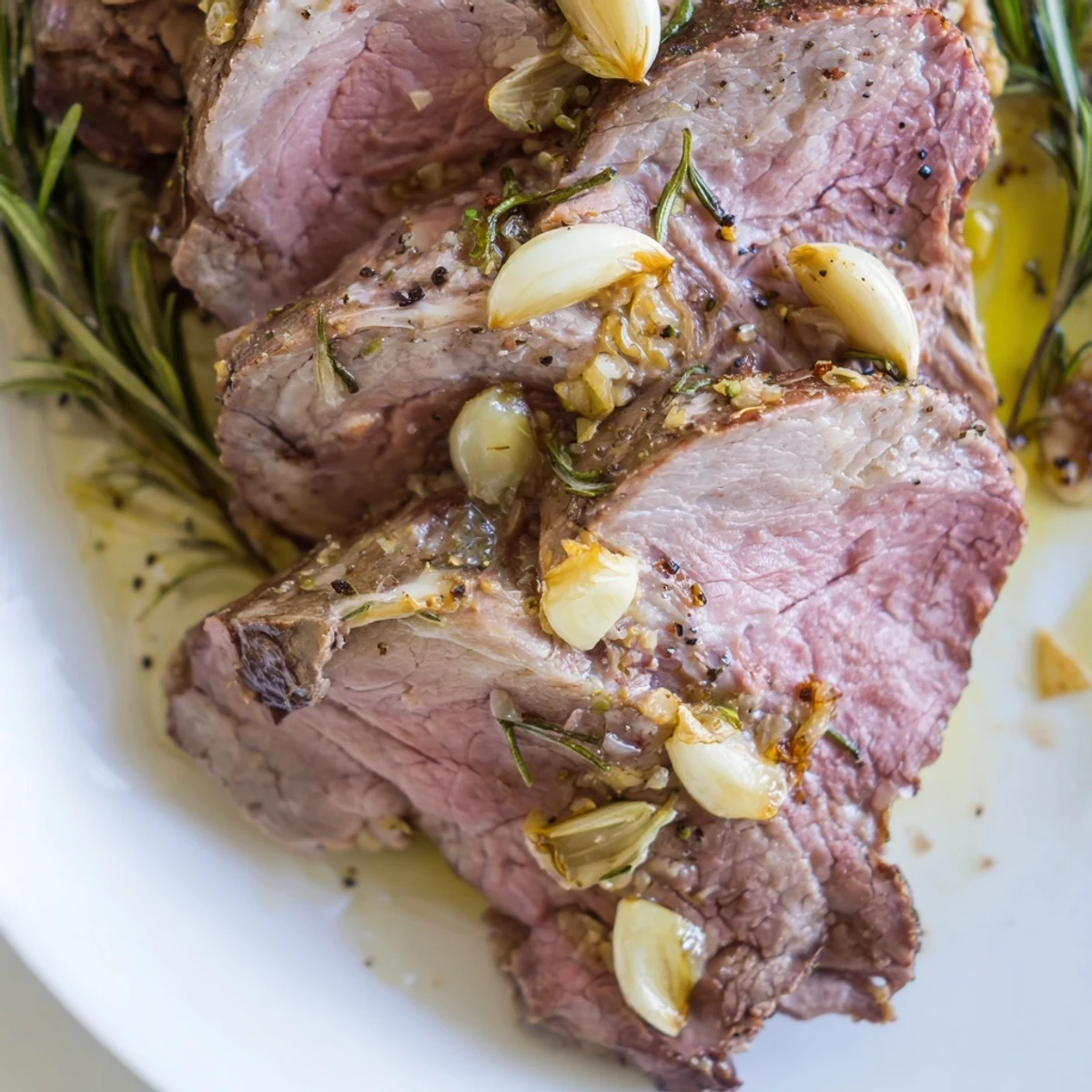 Freshly carved slices of Slow Roasted Leg of Lamb with Garlic and Lemon, showcasing juicy pink meat next to golden roasted carrots and potatoes.