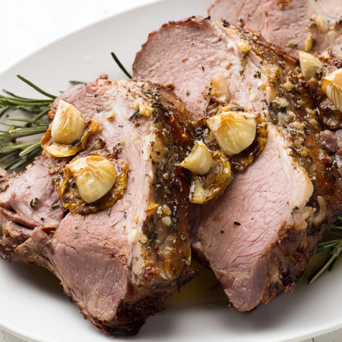 Tender Slow Roasted Leg of Lamb with Garlic and Lemon resting in a roasting pan with caramelized onions and rich pan drippings.