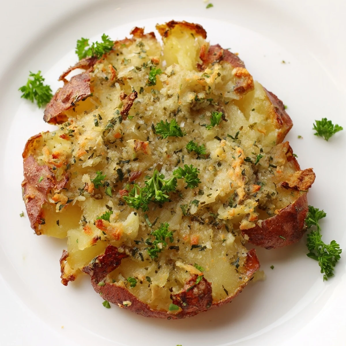 Golden Garlic Parmesan Smashed Red Potatoes roasted until crispy, served hot with fresh parsley garnish.