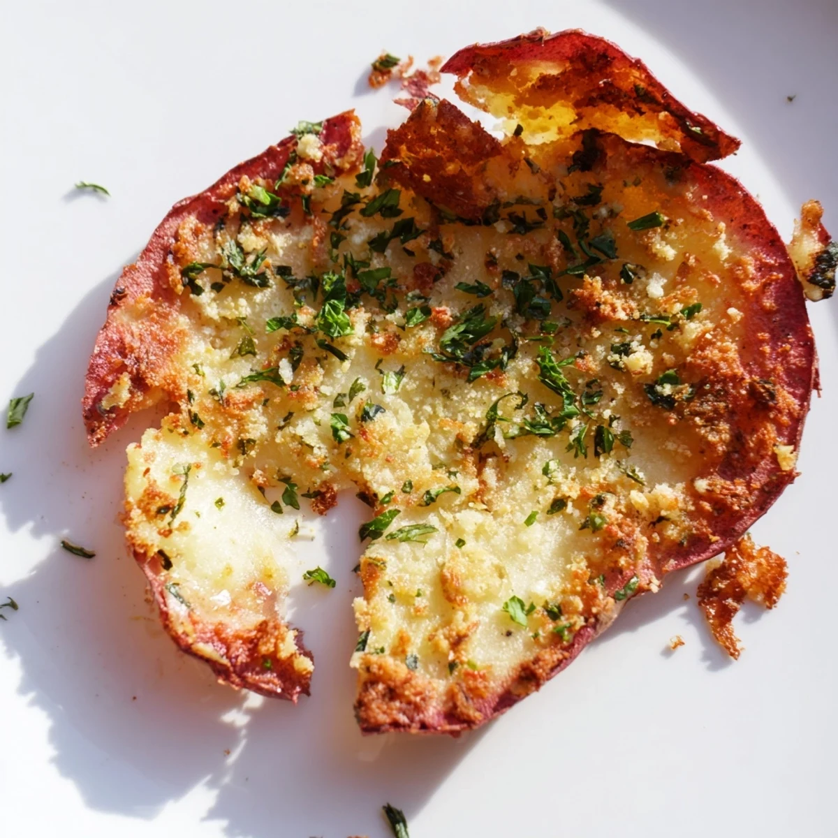 Golden Garlic Parmesan Smashed Red Potatoes on a baking sheet, ready to serve alongside grilled chicken.