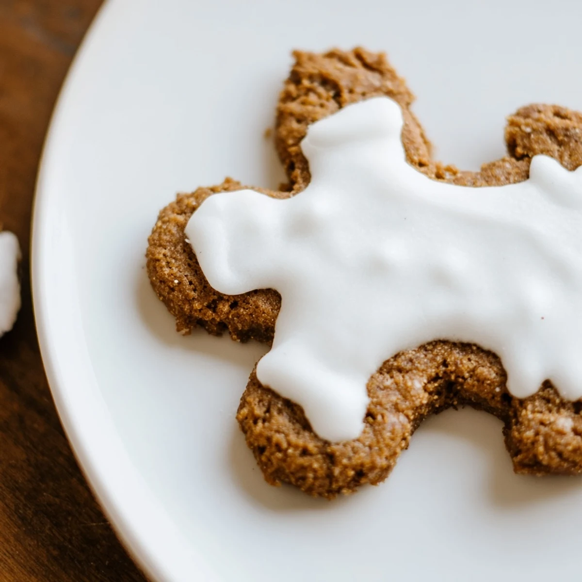 A child’s hand reaches for Gingerbread Man Cookies with icing, plated with milk for a cozy treat.