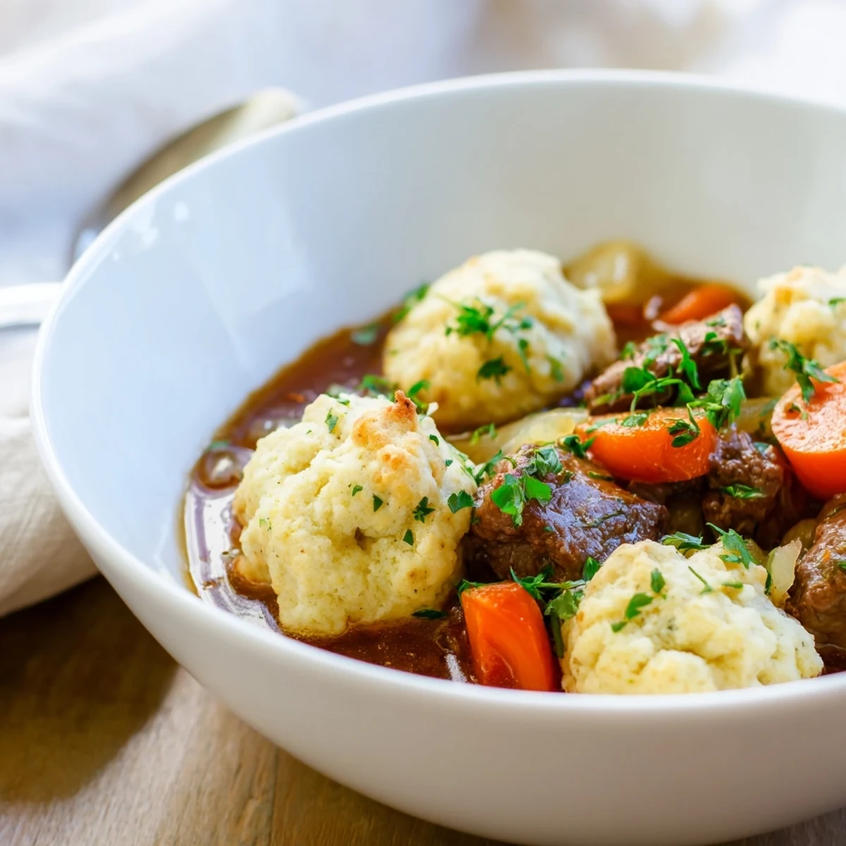 Golden brown, fluffy dumplings sit atop a rich, dark beef casserole with visible chunks of tender meat and carrots.