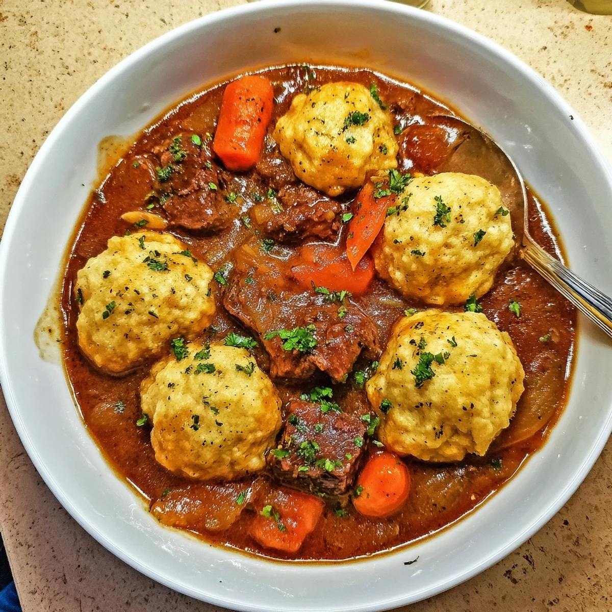 Rustic beef stew filled with slow-cooked root vegetables and herbs, crowned with soft, steaming homemade dumplings ready to serve.