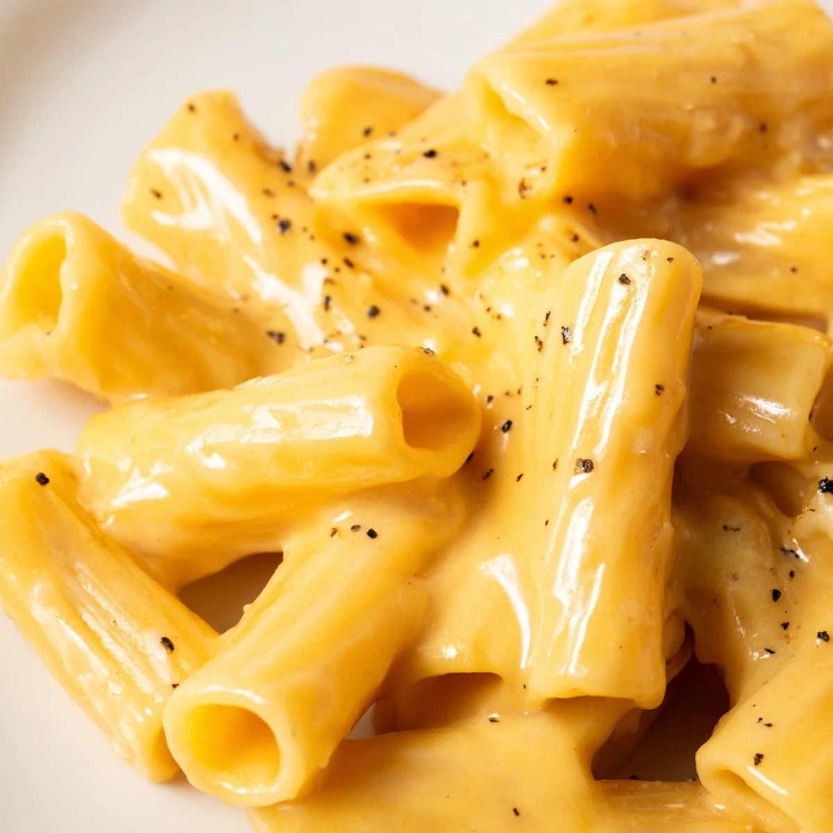 Creamy Cheese Sauce for Pasta drizzled over al dente penne in a white bowl, steam rising.