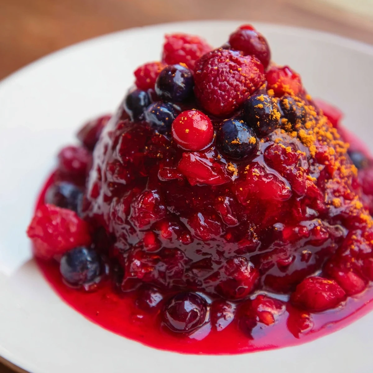 A spoonful of sweet-tart Cranberry Sauce with mixed berries, ideal for spreading on biscuits or swirling into yogurt bowls.