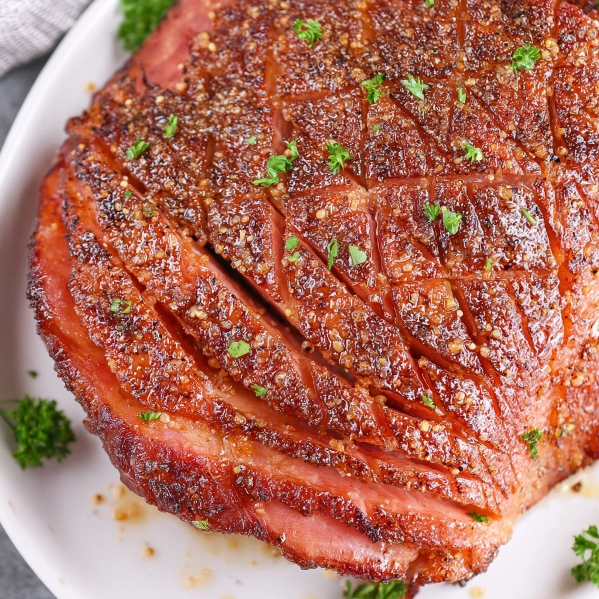 A golden-brown baked ham glistening with a sticky brown sugar-mustard glaze, scored in a diamond pattern.