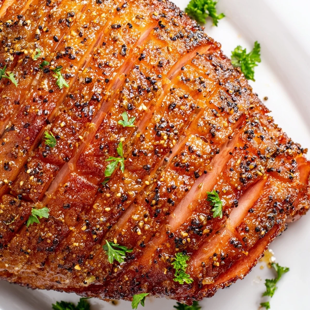 A sliced baked ham revealing juicy meat, topped with a sweet and tangy brown sugar-mustard glaze.