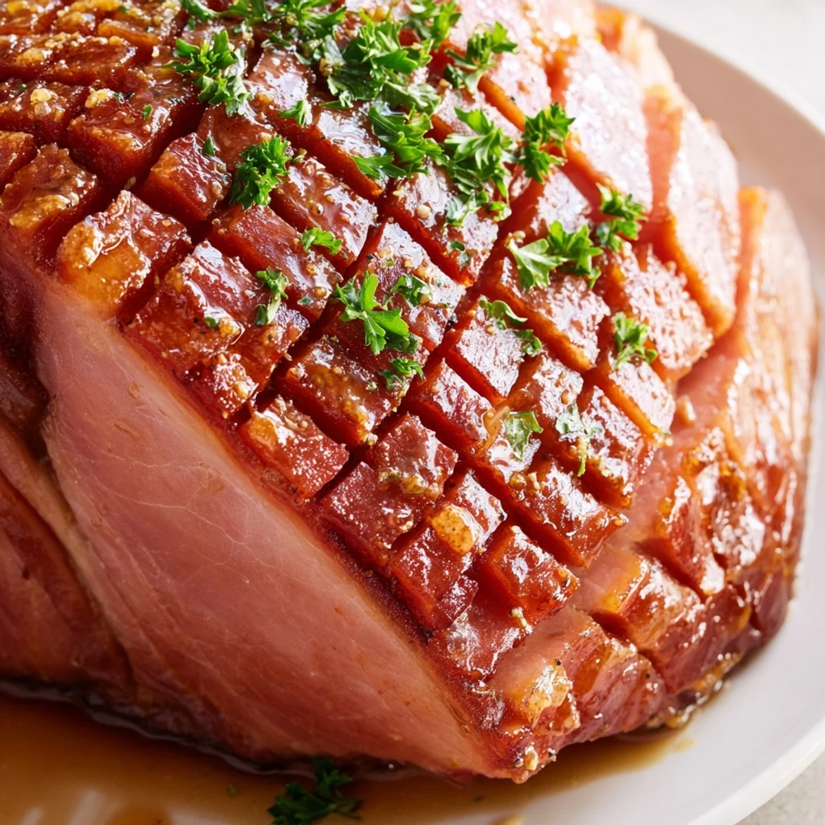 A whole baked ham with a caramelized brown sugar-mustard glaze, garnished with fresh parsley.