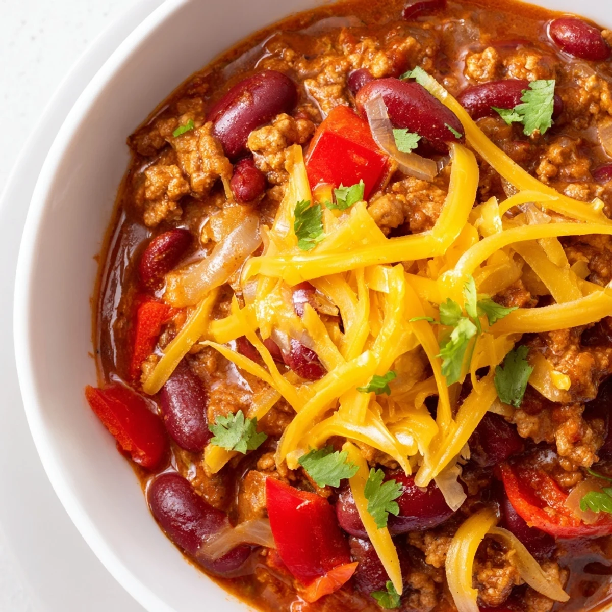 Steam rises from this hearty Turkey Chili with Kidney Beans and Cheddar, served in a rustic mug with a spoon.