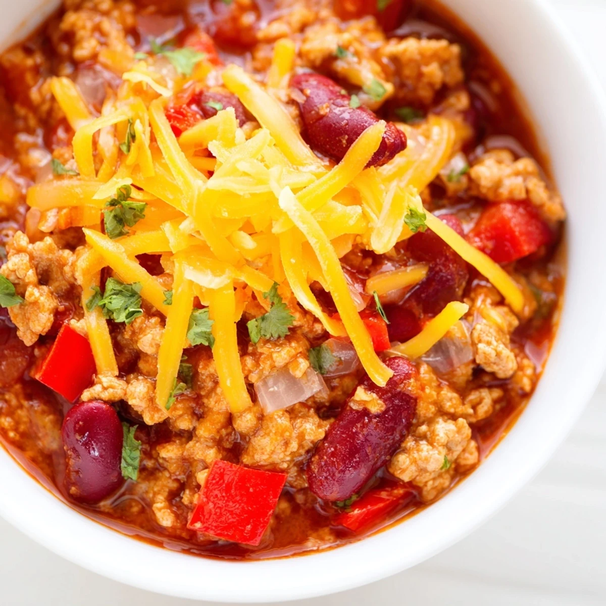 Vibrant red chili with kidney beans and ground turkey, generously topped with shredded sharp cheddar cheese for a cozy meal.