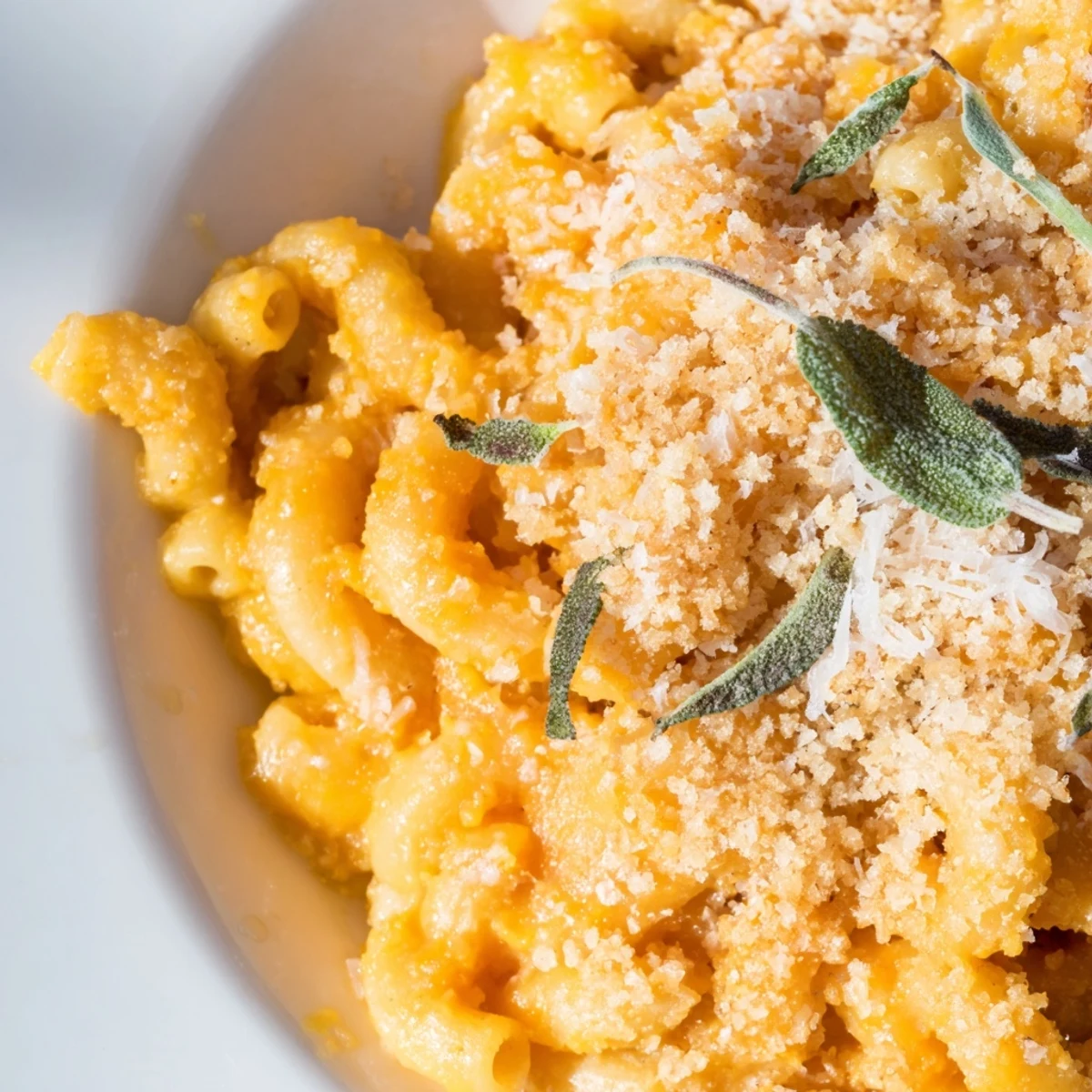 Creamy Butternut Squash Mac and Cheese with sage garnish, plated alongside a crisp green salad and white wine.