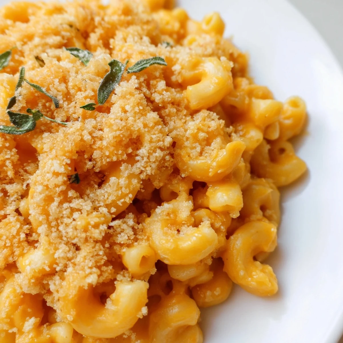 Close-up of cheesy Butternut Squash Mac and Cheese with roasted squash chunks, sage, and buttery panko topping.