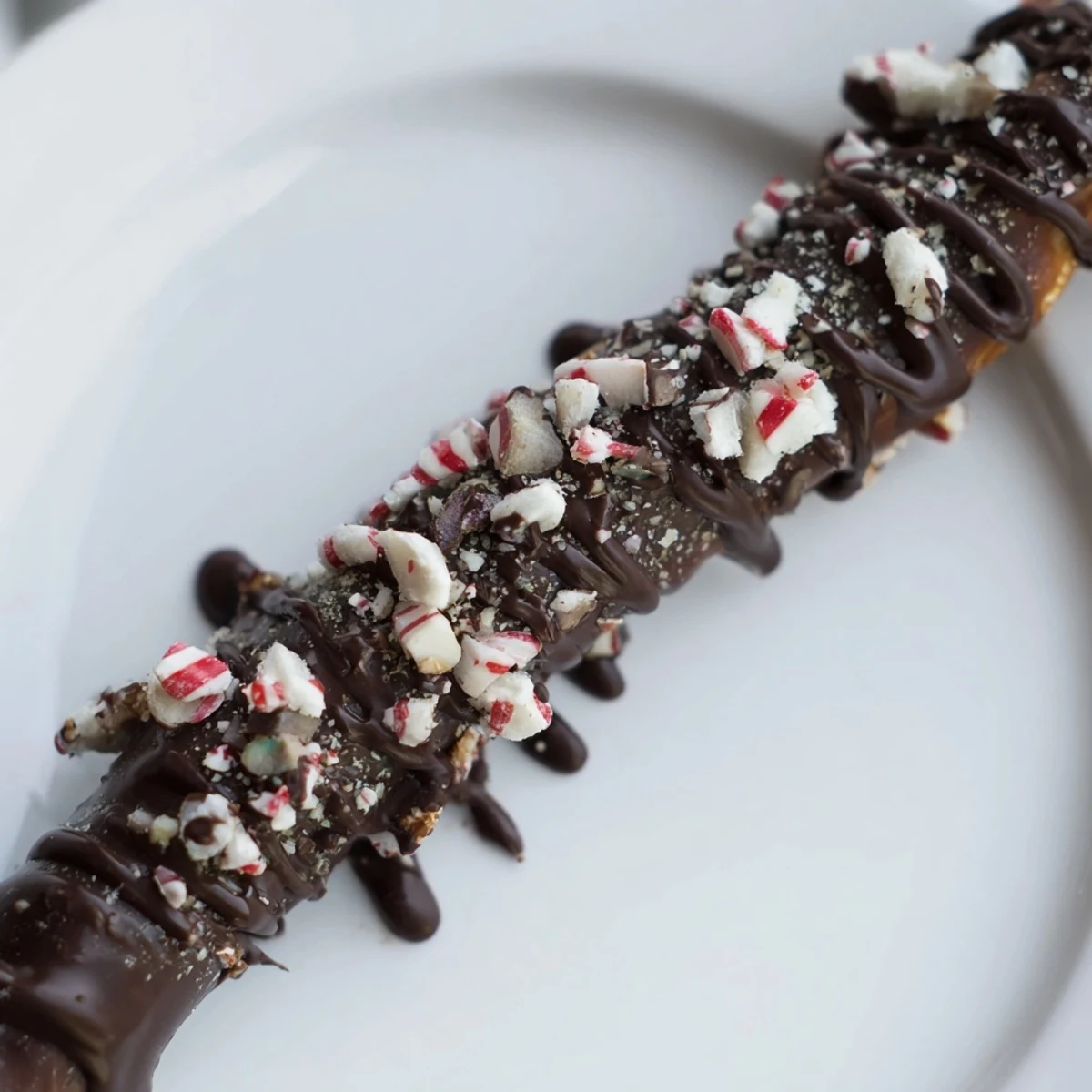 Dark chocolate peppermint bark pretzels glistening on a parchment-lined tray with crunchy candy cane pieces.