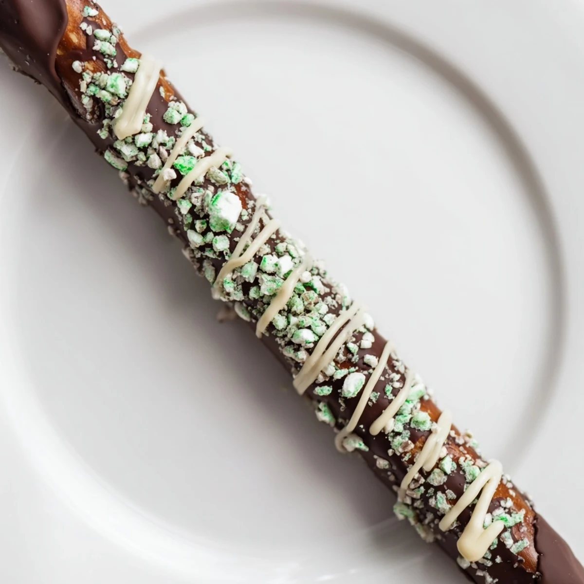 Freshly dipped Dark Chocolate Peppermint Bark Pretzels displayed on a white plate for a festive holiday snack.