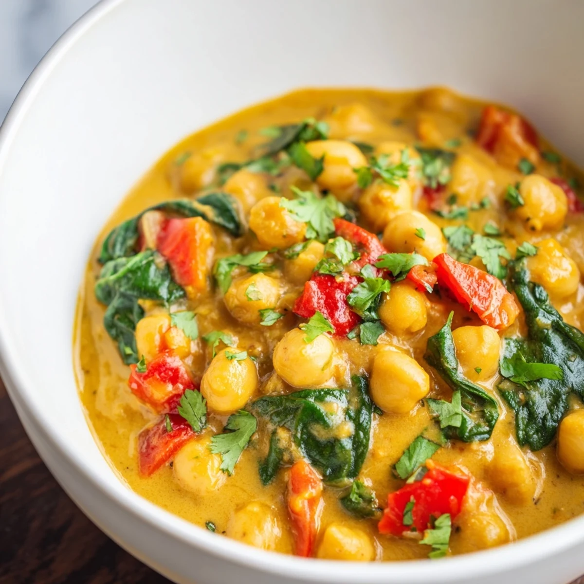 A spoon lifts a creamy serving of Vegan Chickpea Curry, revealing tender chickpeas and fresh cilantro garnish.