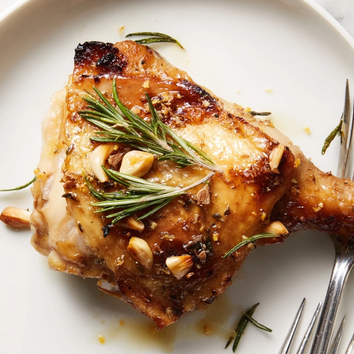 A serving of Crispy Skin Chicken Thighs with Rosemary beside lemon wedges and roasted vegetables on a rustic plate.