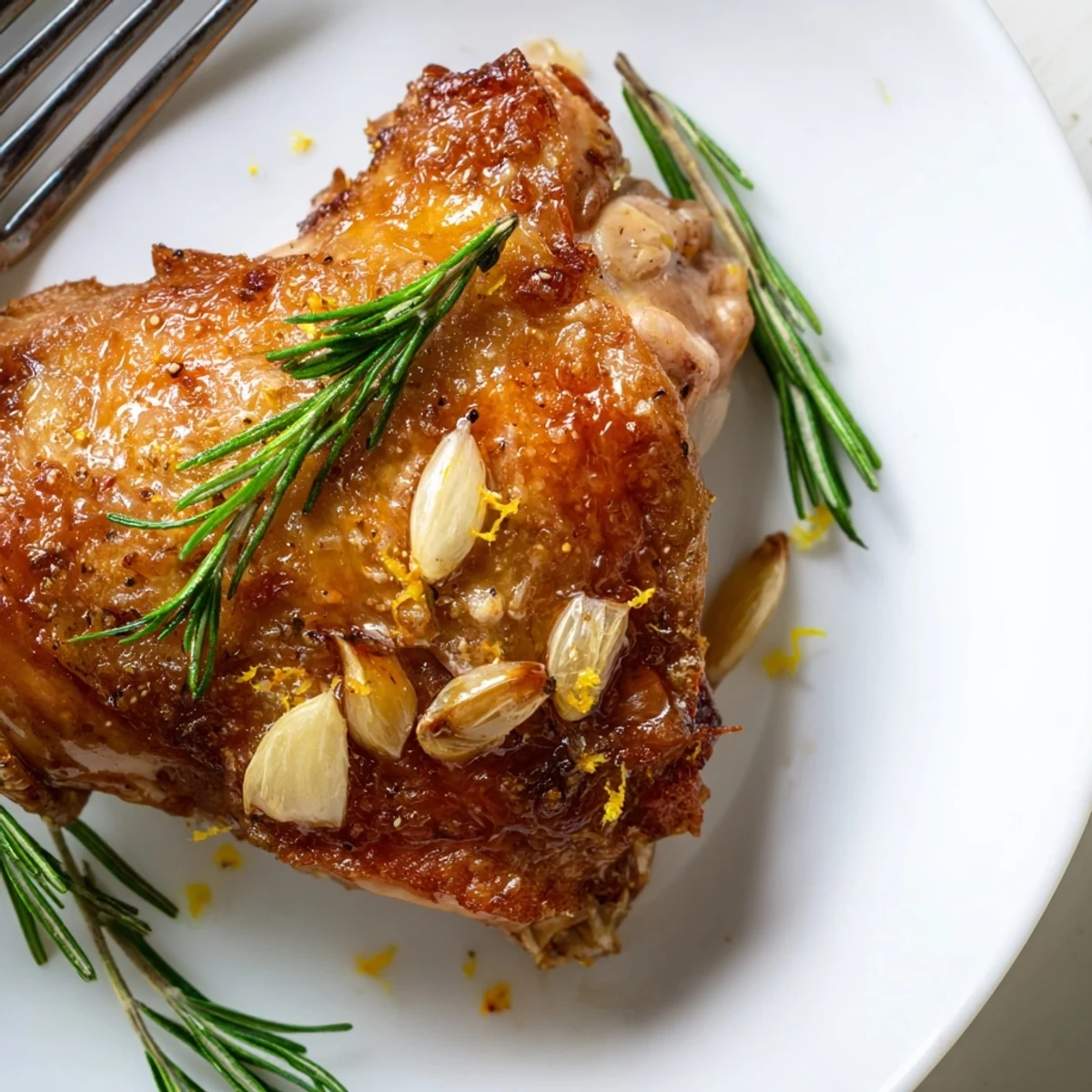 Crispy Skin Chicken Thighs with Rosemary are roasted in a skillet with smashed garlic and bright lemon zest.