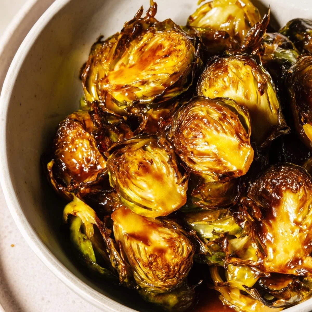 Golden, crispy Roasted Brussels Sprouts with Balsamic Glaze fresh from the oven, glistening with a sweet tangy drizzle.