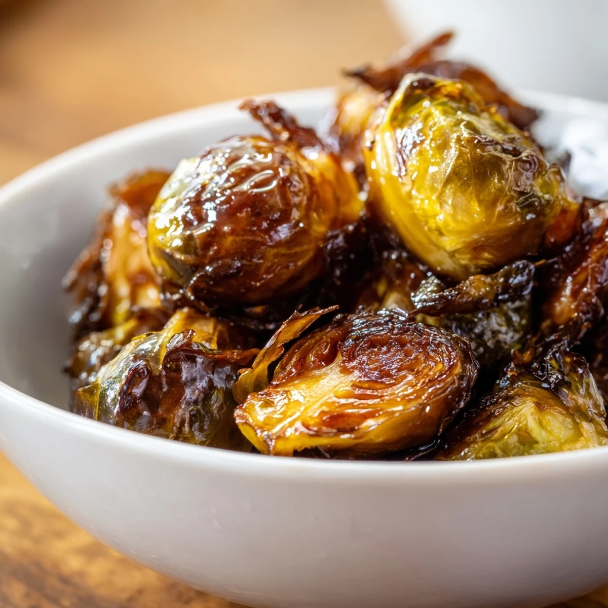 Freshly made Roasted Brussels Sprouts with Balsamic Glaze tossed in a serving dish, a perfect vegetarian side for weeknight dinners.
