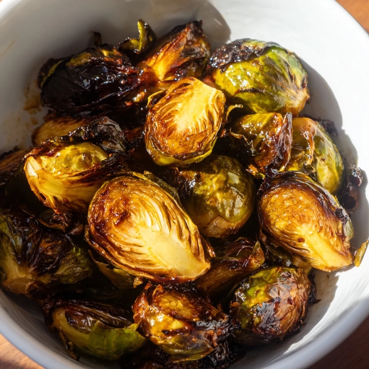 A close-up of Roasted Brussels Sprouts with Balsamic Glaze served in a white ceramic bowl, topped with optional parmesan.