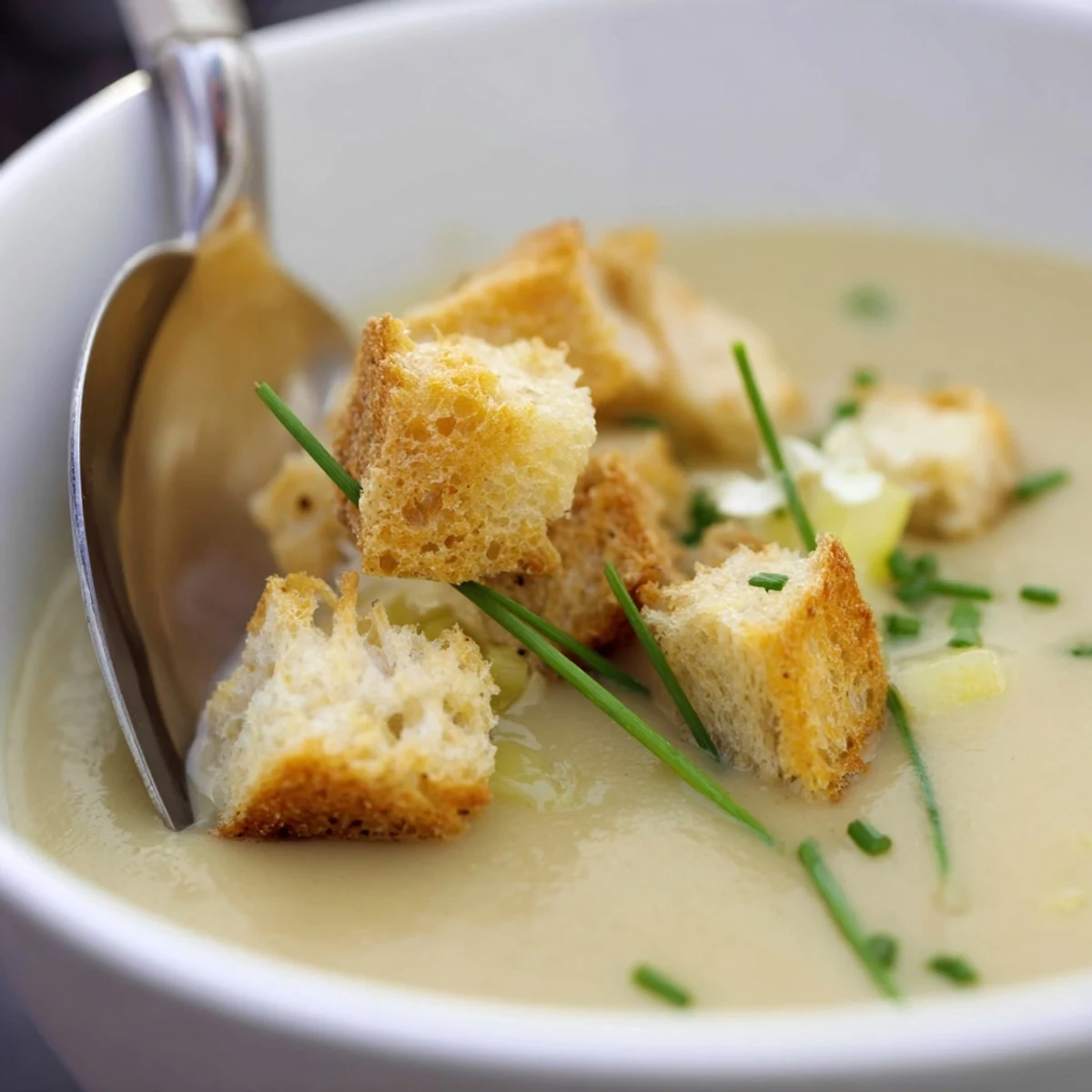 A top-down view of Creamy Potato Leek Soup with Garlic Croutons, highlighting the velvety texture and golden, crunchy toppings.