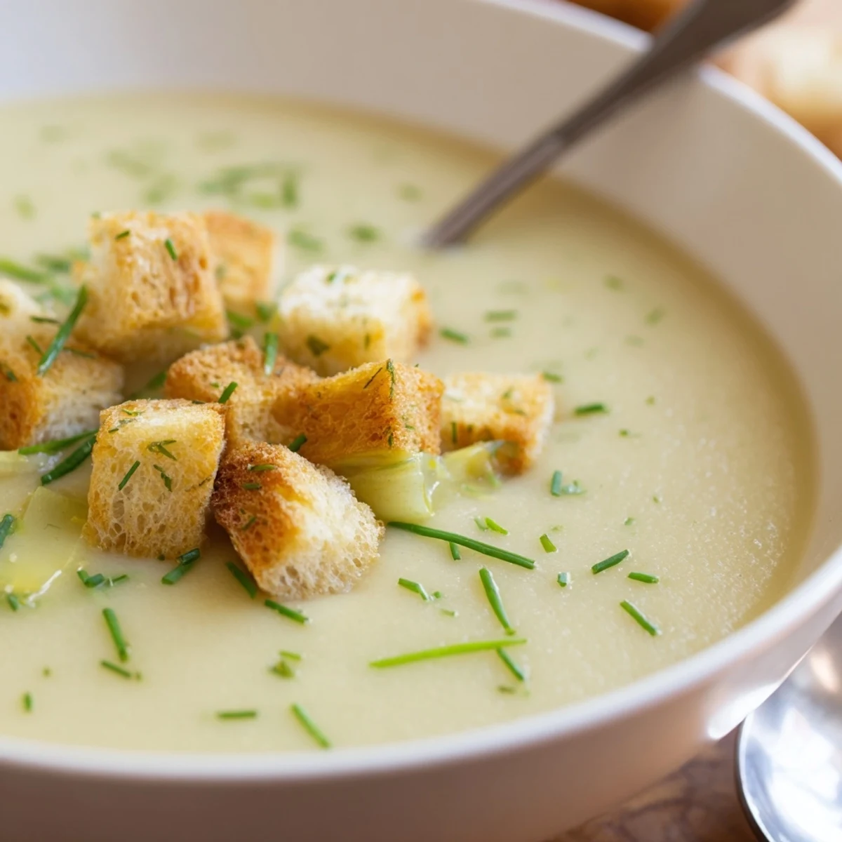 Creamy Potato Leek Soup with Garlic Croutons served hot in a rustic bowl, garnished with fresh chives and a drizzle of olive oil.