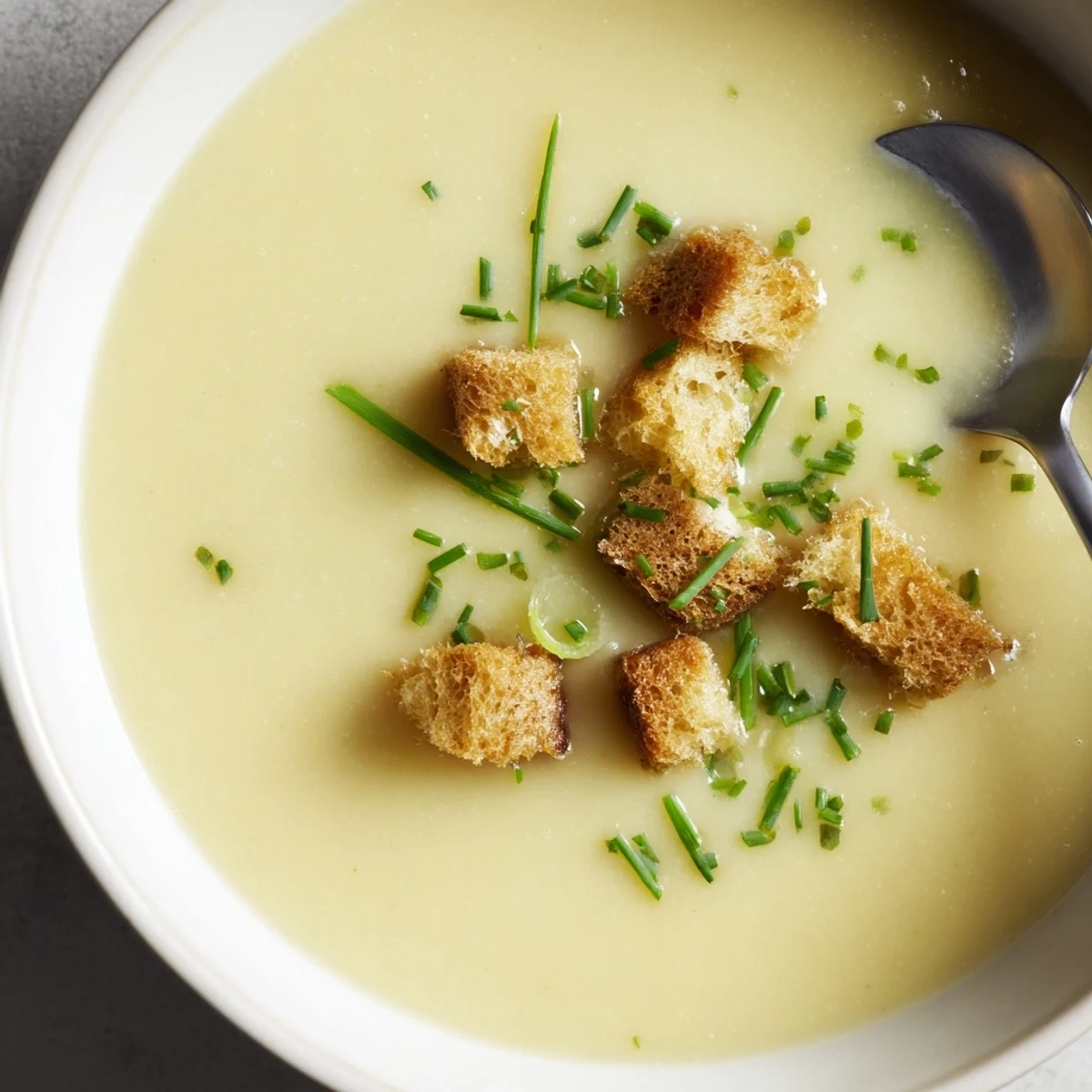Spoon dipping into Creamy Potato Leek Soup with Garlic Croutons, revealing a smooth, comforting interior and crispy garlic bread pieces.