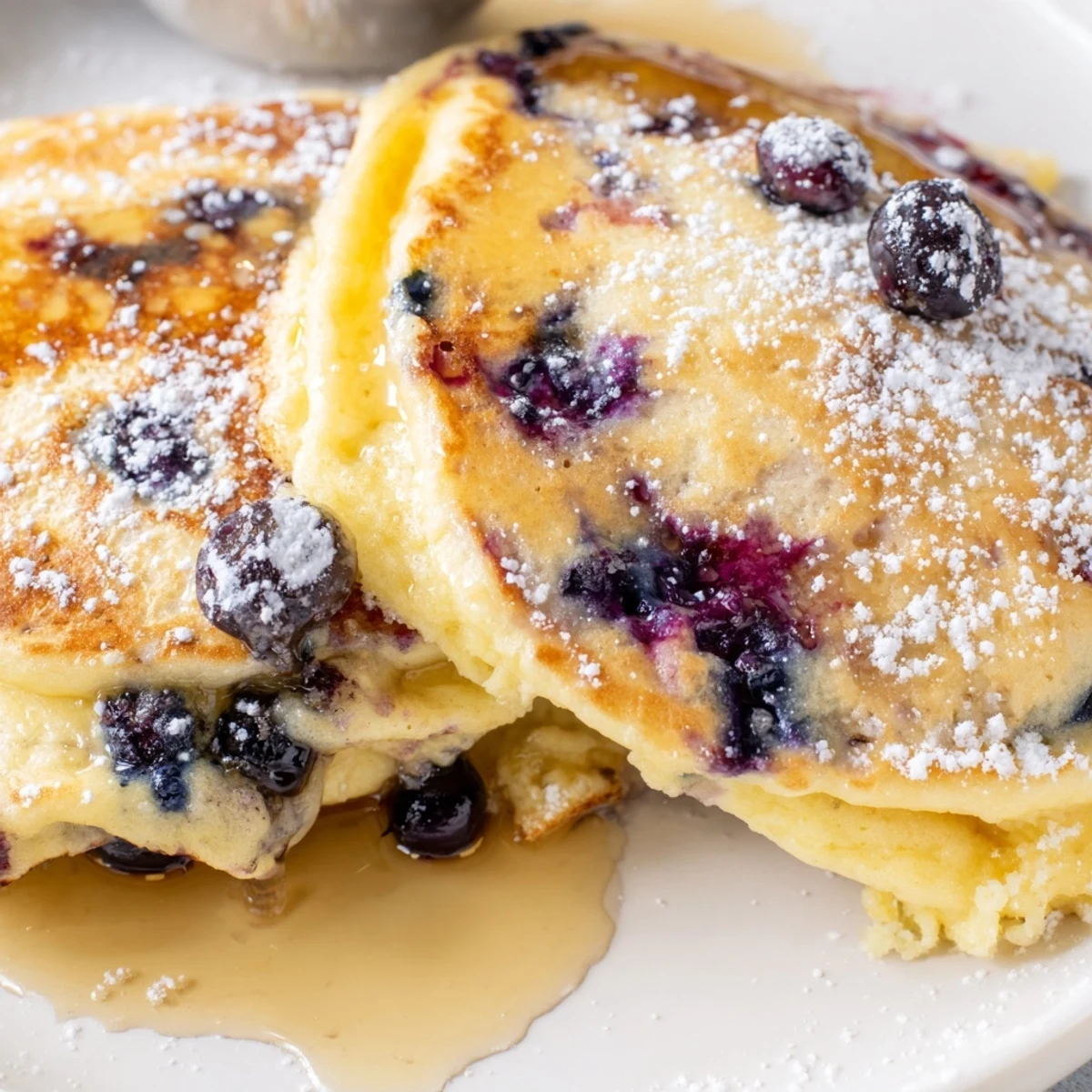 Golden-brown Lemon Blueberry Ricotta Pancakes stacked high, featuring vibrant blueberries and a dusting of powdered sugar, served with maple syrup.