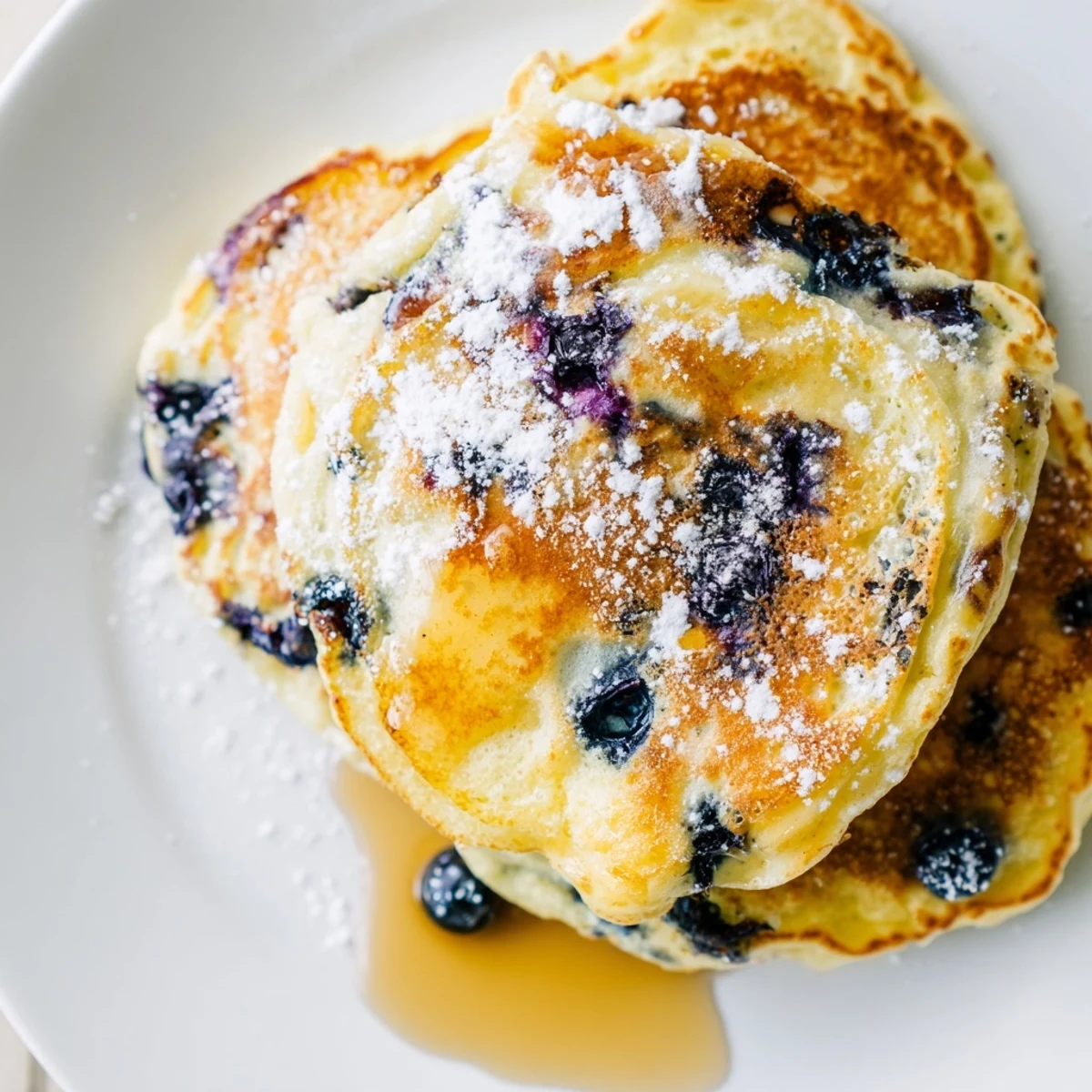 Fluffy Lemon Blueberry Ricotta Pancakes cooking on a griddle, showing bubbly edges and fresh lemon zest mixed into the batter.
