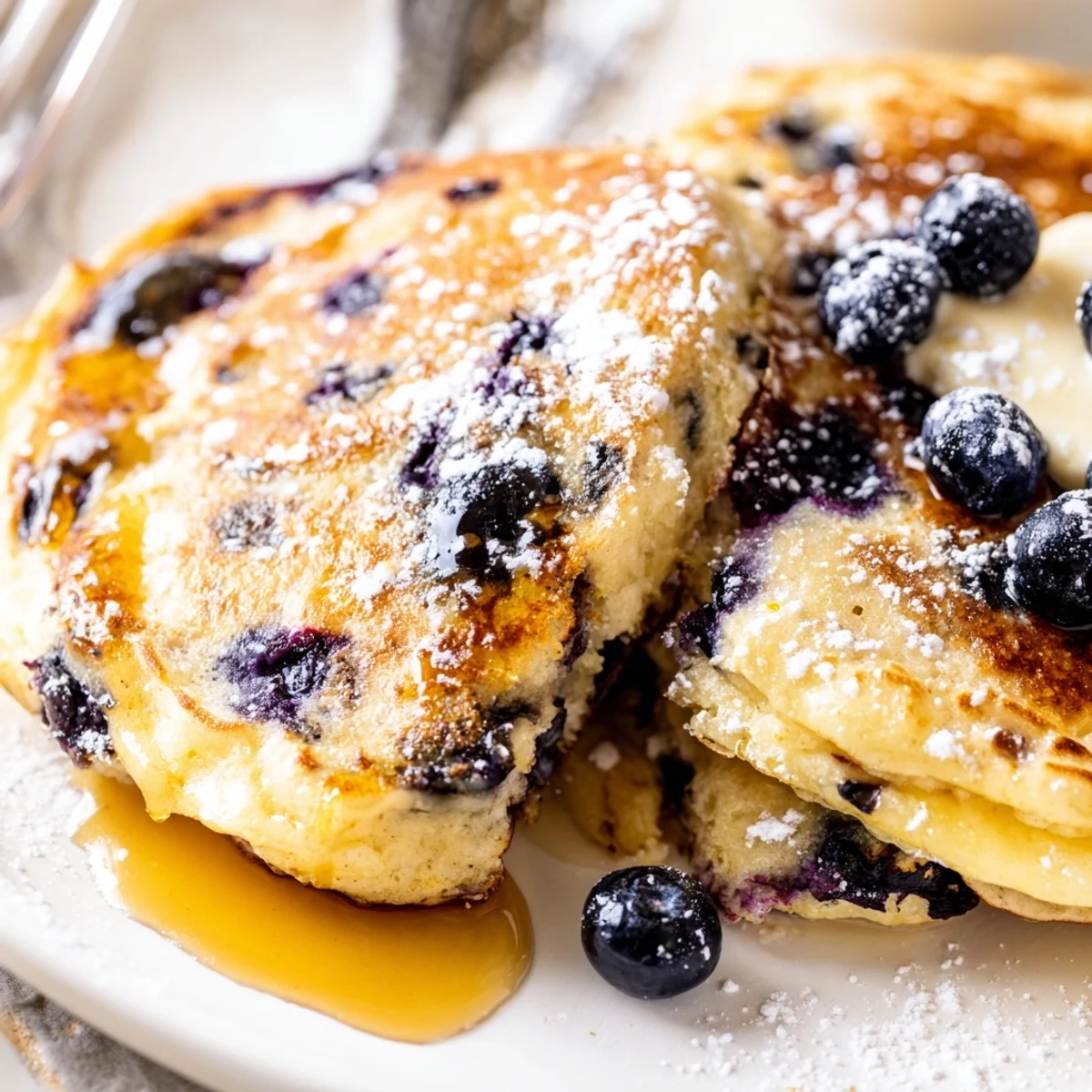 A close-up of a fork breaking into a tender Lemon Blueberry Ricotta Pancake, revealing a moist ricotta interior and bursting blueberries.