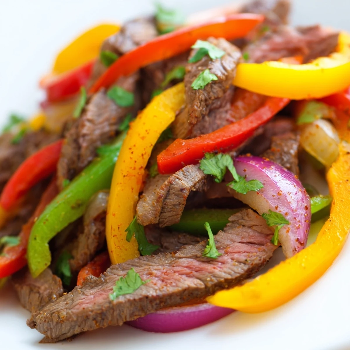 Sheet Pan Steak Fajitas with Peppers and Onions, sizzling with seasoned juices on a dark rustic pan for a perfect weeknight dinner.