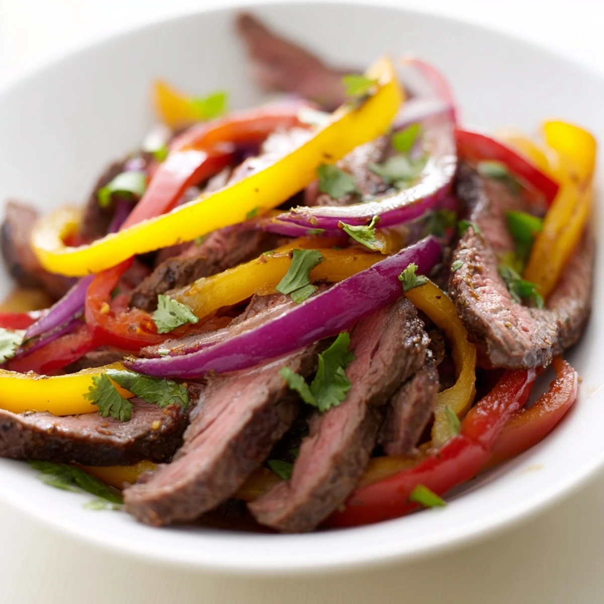 Sliced flank steak and colorful roasted bell peppers piled high for Sheet Pan Steak Fajitas with Peppers and Onions, garnished with fresh cilantro.