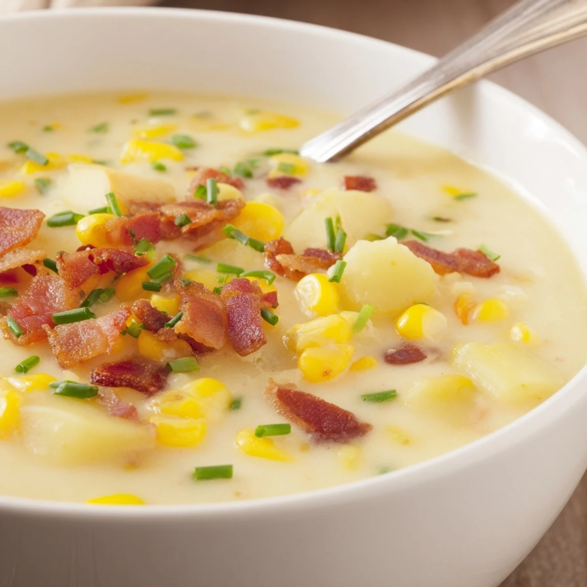 Creamy Corn Chowder in a rustic bowl garnished with chives, featuring golden broth, tender potatoes, and crisp bacon bits.