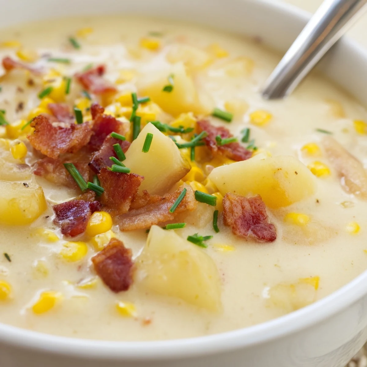 Steamy bowl of Creamy Corn Chowder served with crusty bread, highlighting velvety texture, sweet corn, and diced carrots.