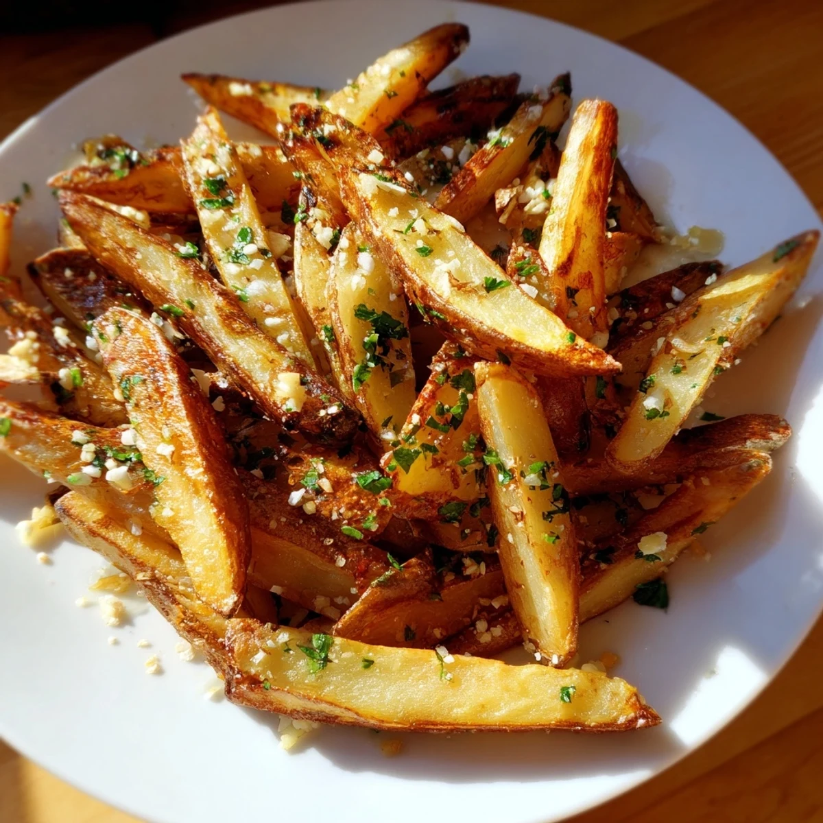 A close-up of baked russet potato fries tossed with minced garlic and herbs, perfect for dipping in sauces.