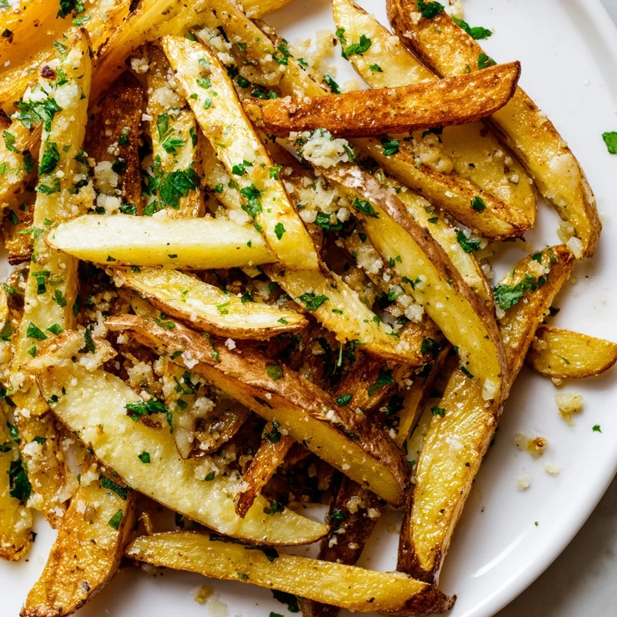 Golden and crispy Roasted Fries with Garlic on a baking sheet, garnished with fresh green parsley for serving.