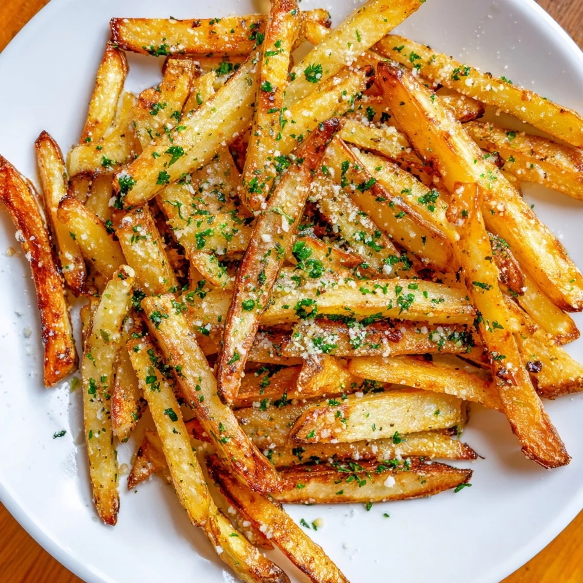 These aromatic Roasted Fries with Garlic are served hot alongside creamy dipping sauces for a tasty snack.