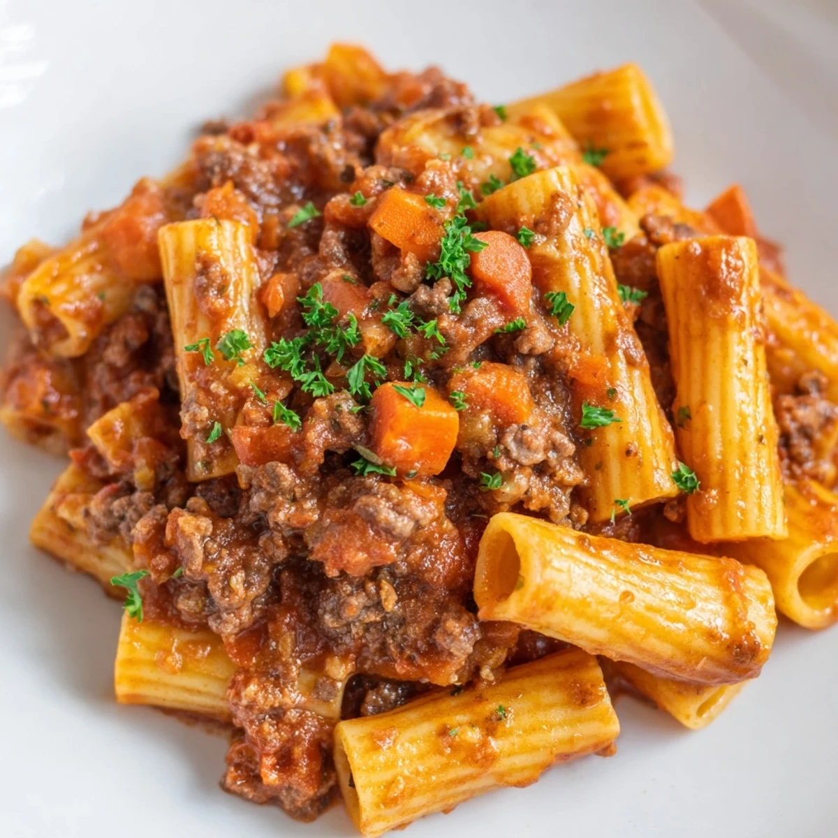 Tender Slow Cooker Ragu Sauce simmering in a stoneware pot, with steam rising and rich red texture over al dente pasta.