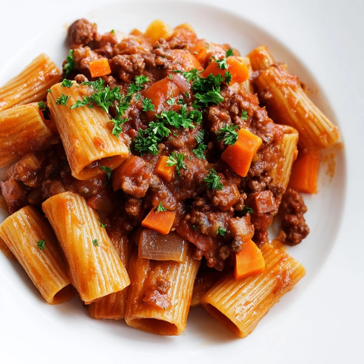 A spoon lifting Slow Cooker Ragu Sauce from a pot, revealing chunky, slow-simmered meat and tomato texture with fresh herbs nearby.
